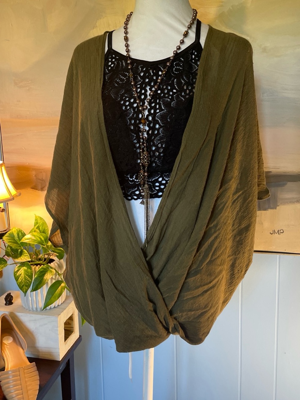 FAVLUX Olive Green Draped Front Tunic Top